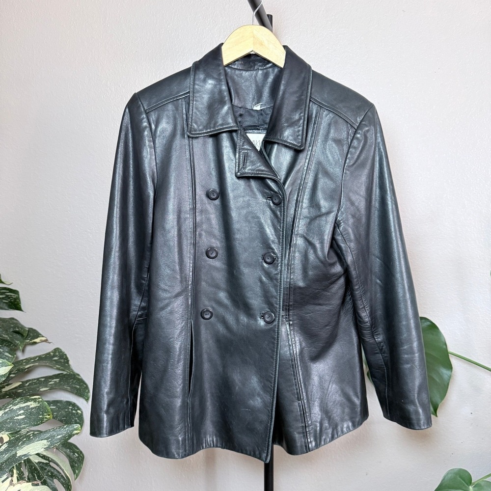 Vakko New York Black Leather Double Breasted Pea Coat Jacket Regular Size